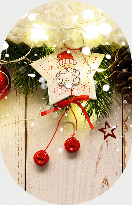 Image of a star with a santa drawing on it jingle bells hanging down