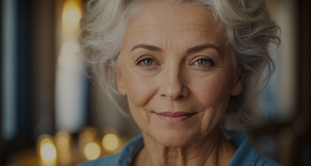 older woman with piercing green eyes starting right at you